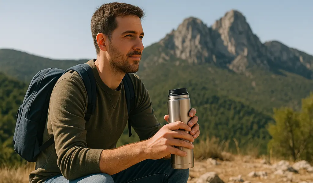 Hábitos al aire libre para adaptarse al horario de invierno persona en pausa con termo caliente durante una caminata en montaña